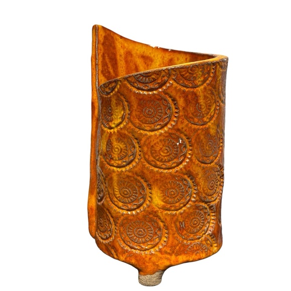 Handcrafted Pottery Vintage Planter Vase Copper Orange Abstract Mandala Pattern - Picture 2 of 13